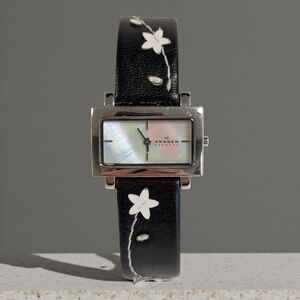Skagen Watch Women's 27mm Silver Tone Mother Of Pearl Dial Floral Leather Band